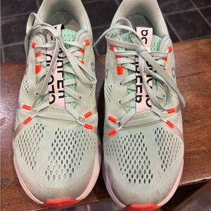On Running Athletic Shoes in Mint Green and Coral